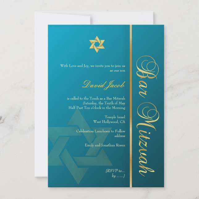 Invitation Bar Mitzvah/bleu turquoise/or (Devant)