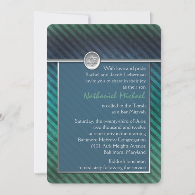 Invitation Bar Mitzvah Bleu, Vert, Argent (Devant)