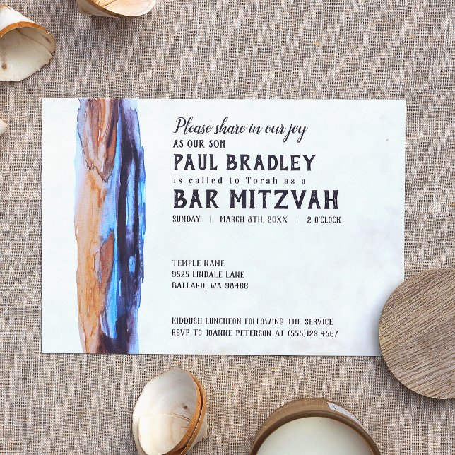 Invitation Bar Mitzvah Bleu Vibrant et Brun Caramel (modern bar mitzvah invitations with bold abstract beige brown blue purple paint stroke)