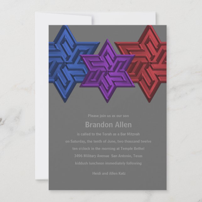 Invitation Bar Mitzvah bleu violet et étoile rouge de David (Devant)