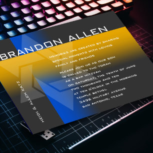 Invitation Bar Mitzvah Blue and Yellow on Any Color