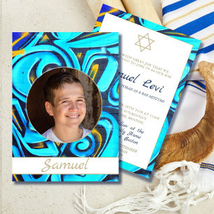 Invitation Bar Mitzvah Blue Modern Photo Star De David