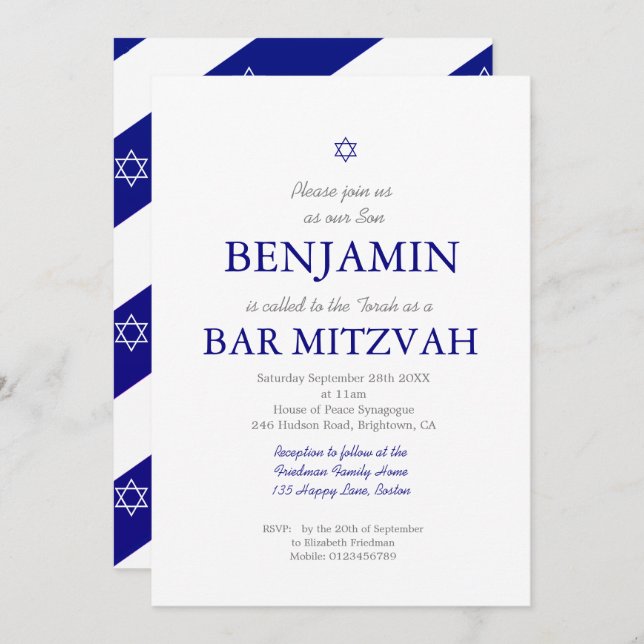 Invitation Bar Mitzvah Blue Motif Star de David Juif I (Devant / Derrière)
