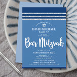 Invitation Bar Mitzvah Blue Silver Tallit Moderne Gras Script<br><div class="desc">Soyez fier, réjouissez-vous et présentez cette étape importante de votre Bar Mitzvah préféré ! Envoyer cette invitation cool, unique, moderne, personnalisée pour un événement à retenir. Téméraire, écriture blanche typographie, Etoile de David et une parties scintillant bleu marine et argent rayé tallit inspiré graphique superpose un arrière - plan simple,...</div>