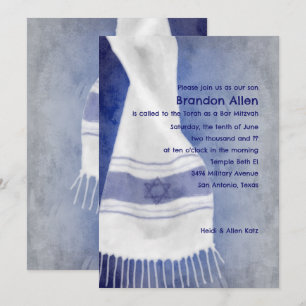Invitation Bar Mitzvah Blue White Star de David Tallit