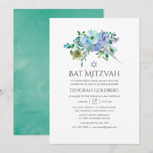 Invitation Bar Mitzvah bohème floral bleu et menthe