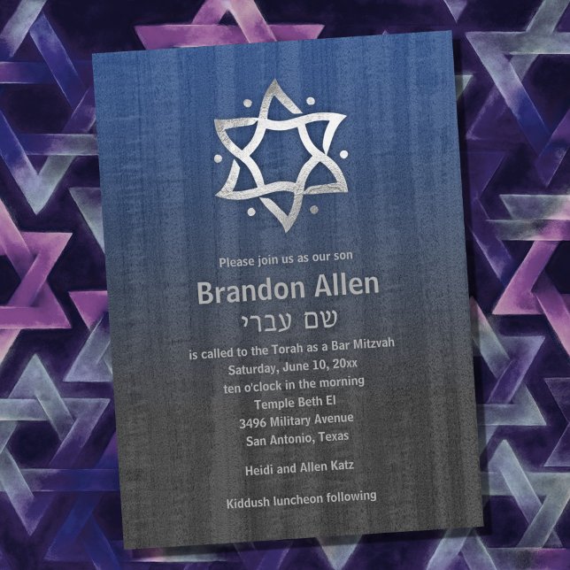 Invitation Bar Mitzvah Bois Aspect Bleu Gris Étoile Argentée (Créateur téléchargé)