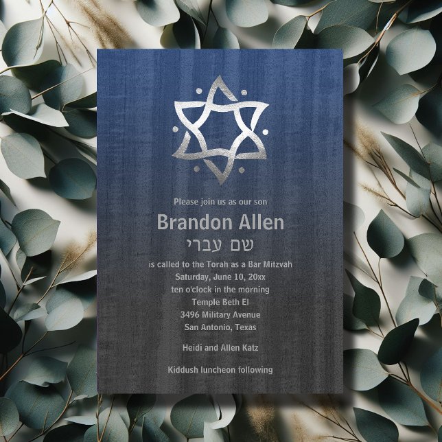 Invitation Bar Mitzvah Bois Look Blue Grey Silver Star (Créateur téléchargé)