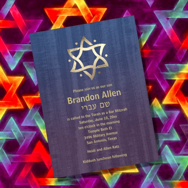 Invitation Bar Mitzvah Bois Tacheté Bleu Prune Étoile Dorée (Créateur téléchargé)