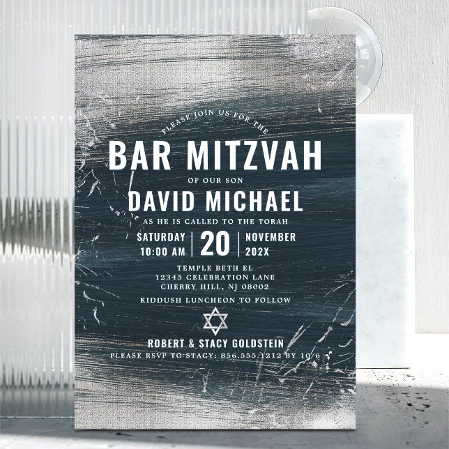 Invitation Bar Mitzvah Bold Moderne Argent Foil Gris Charbon (Créateur téléchargé)
