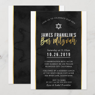 Invitation BAR MITZVAH bold noir aquarelle or script
