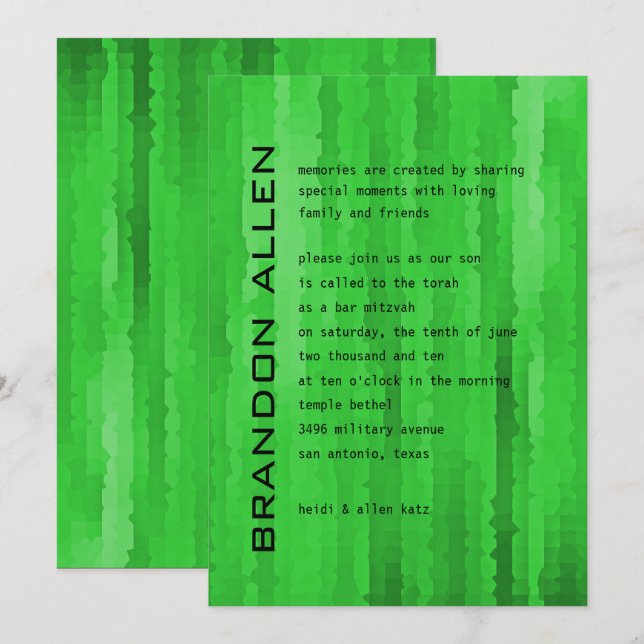 Invitation Bar Mitzvah Bright Green Techno Streaks (Devant / Derrière)