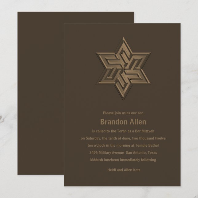 Invitation Bar Mitzvah Brown Tones Star de David (Devant / Derrière)