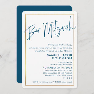 Invitation BAR MITZVAH cadre d'or bleu foncé moderne minimali