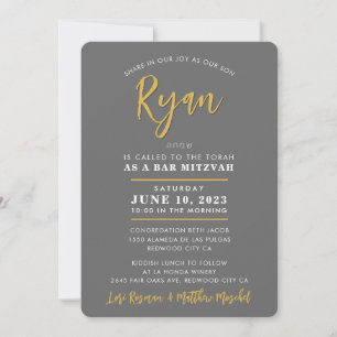Invitation BAR MITZVAH calligraphie moderne faux or gris