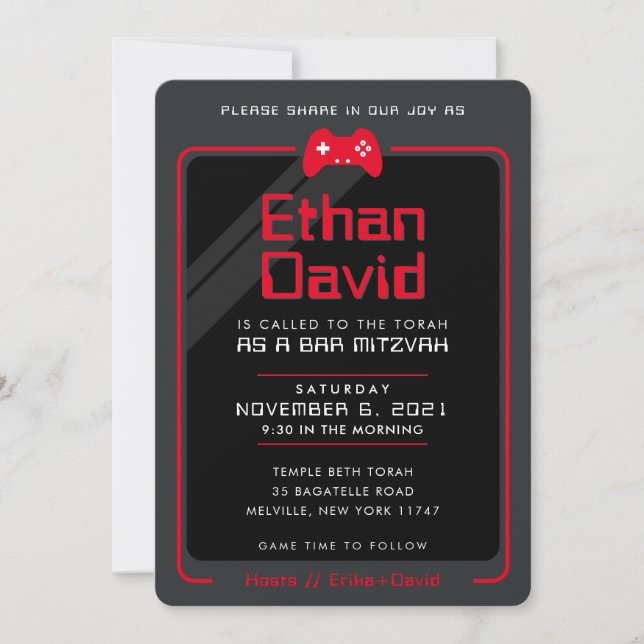 Invitation BAR MITZVAH contrôle de jeu moderne cool rouge noi (Devant)