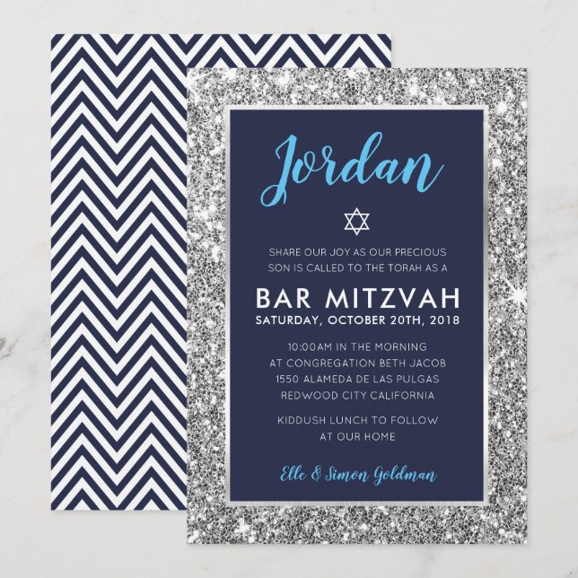 Invitation BAR MITZVAH cool entre marine bleu argent invitati (Devant / Derrière)