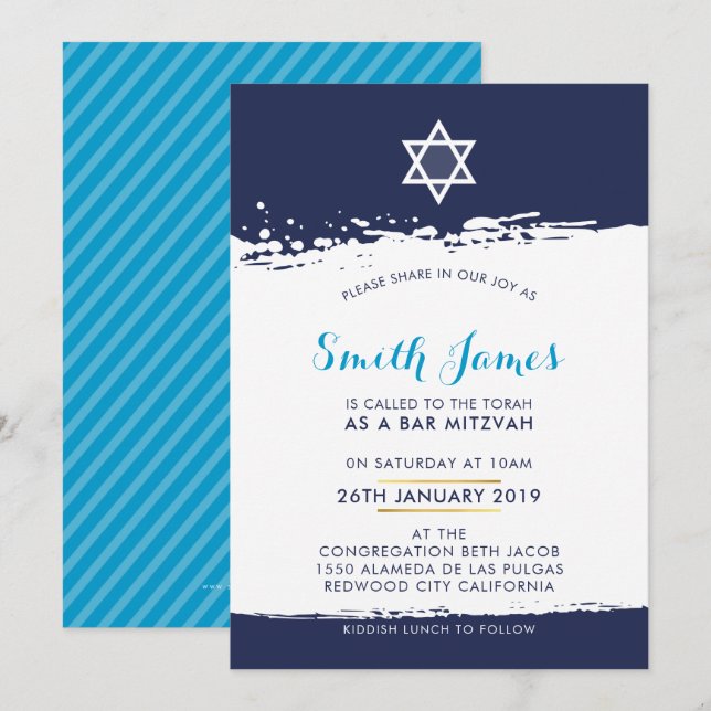 Invitation BAR MITZVAH cool moderne brosse trait bleu (Devant / Derrière)