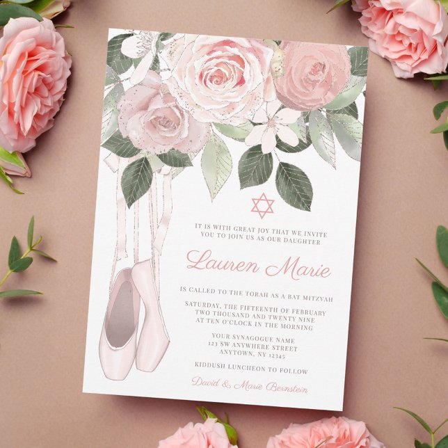 Invitation Bar Mitzvah de ballet floral rose (Créateur téléchargé)