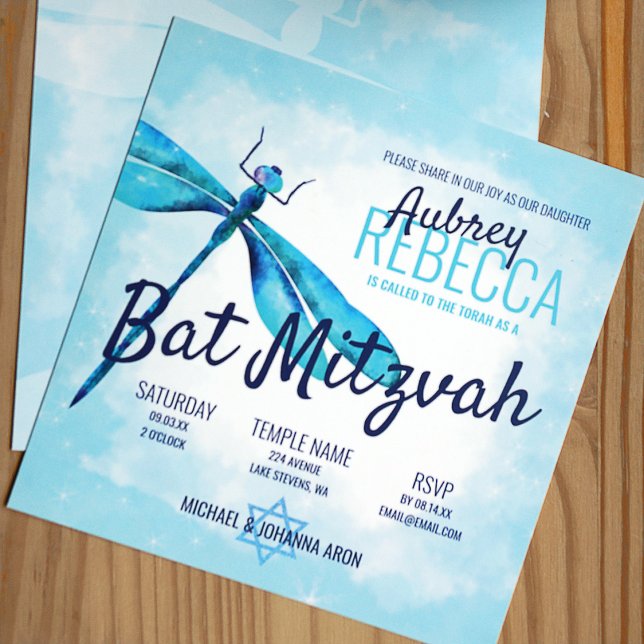 Invitation Bar Mitzvah de la libellule aquamarine et bleu mar (Turquoise and blue sparkly bat mitzvah invitation with dragonfly)