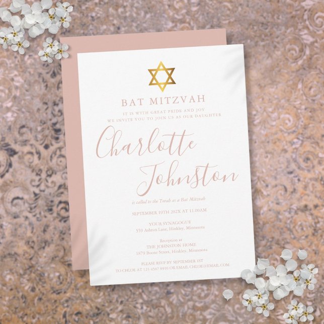 Invitation Bar Mitzvah de style moderne rose (Modern Pink Script Bat Mitzvah Invitation)