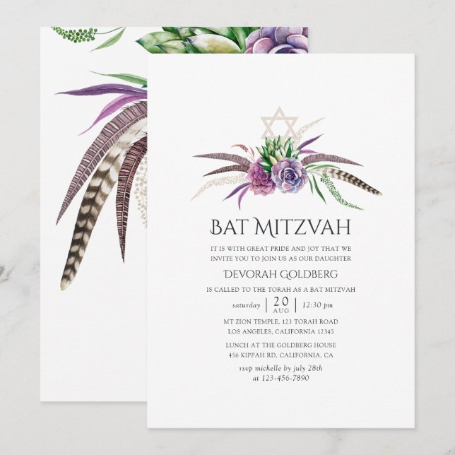 Invitation Bar Mitzvah de succulents boho mystiques (Devant / Derrière)