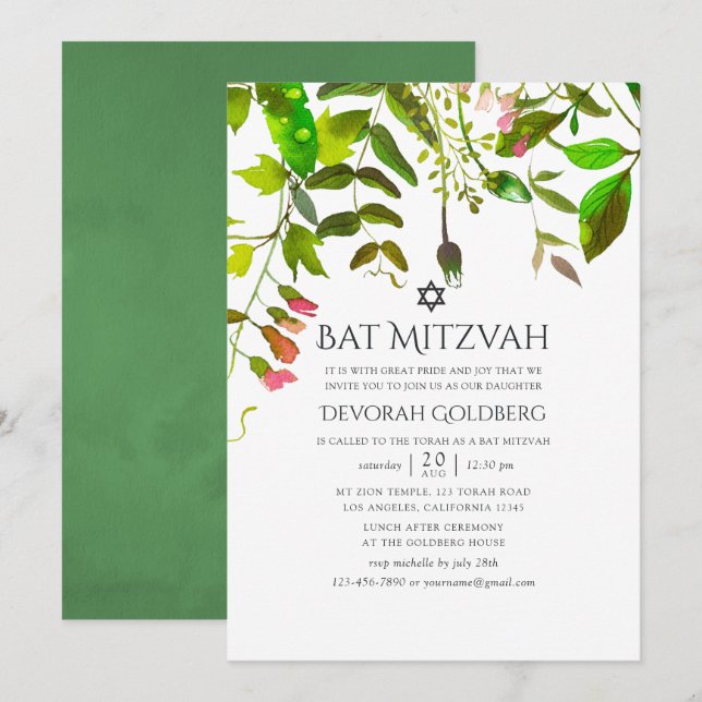 Invitation Bar Mitzvah de verdure printanière à l'aquarelle (Devant / Derrière)