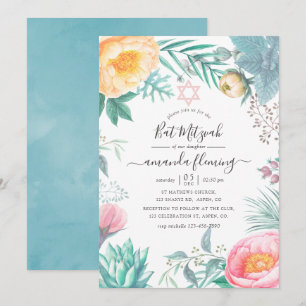Invitation Bar Mitzvah d'été Floral Tropical Pastel Poussiére
