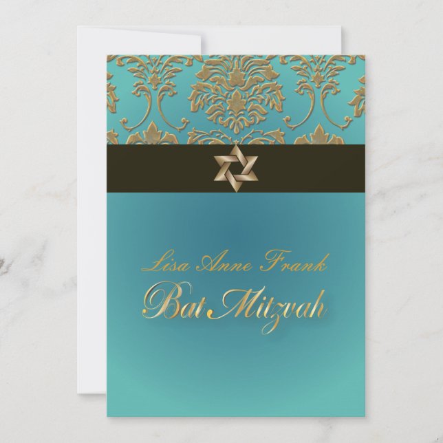 Invitation Bar  Mitzvah+Doré Faux Damassé/noir+aqua (Devant)