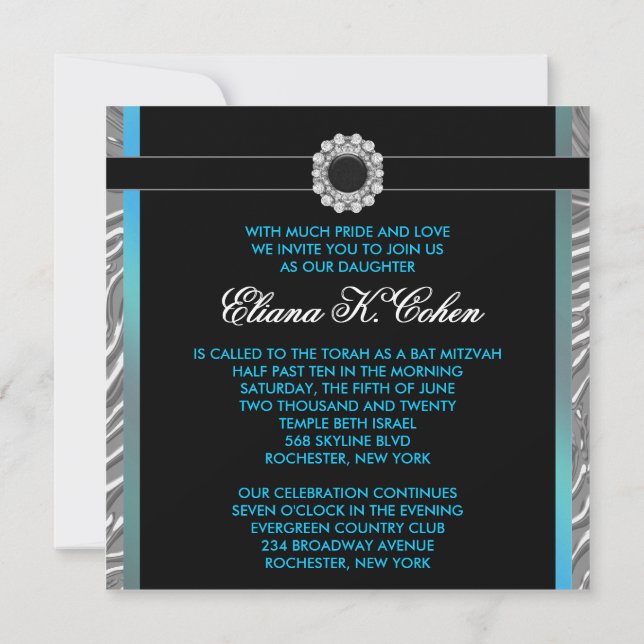Invitation Bar Mitzvah du Zèbre Bleu Turquoise (Dos)