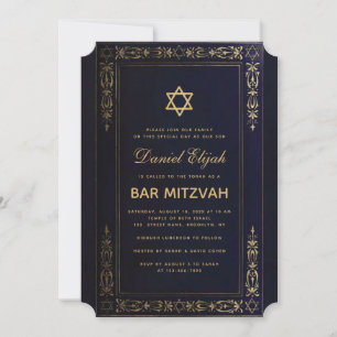 Invitation Bar Mitzvah Elégant Marine Blue Gold Star Vintage 