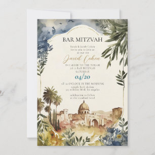 Invitation Bar Mitzvah élégant moderne bleu aquarelle juive