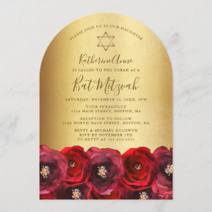 Invitation Bar Mitzvah élégante Rose rouge Floral Or