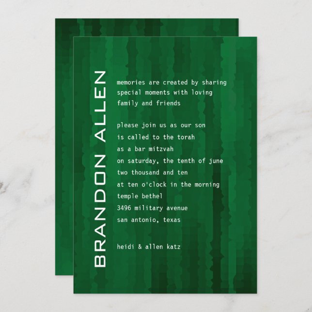 Invitation Bar Mitzvah Emerald Green Techno Streaks (Devant / Derrière)