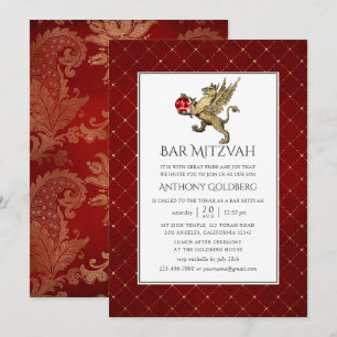 Invitation Bar Mitzvah en damassé rouge et or et treillis lux