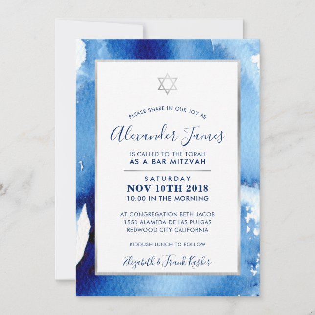 Invitation BAR MITZVAH étoile argent bleu aquarelle invitatio (Devant)
