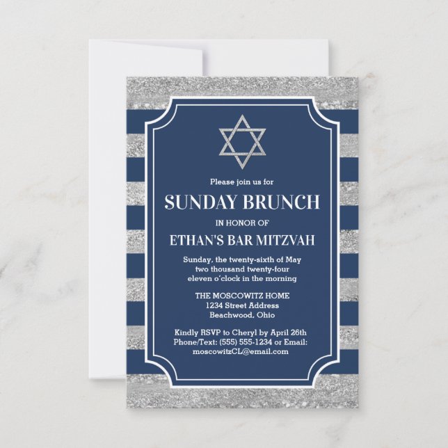 Invitation Bar Mitzvah Étoile de David Bruncheuse rayée gris  (Devant)
