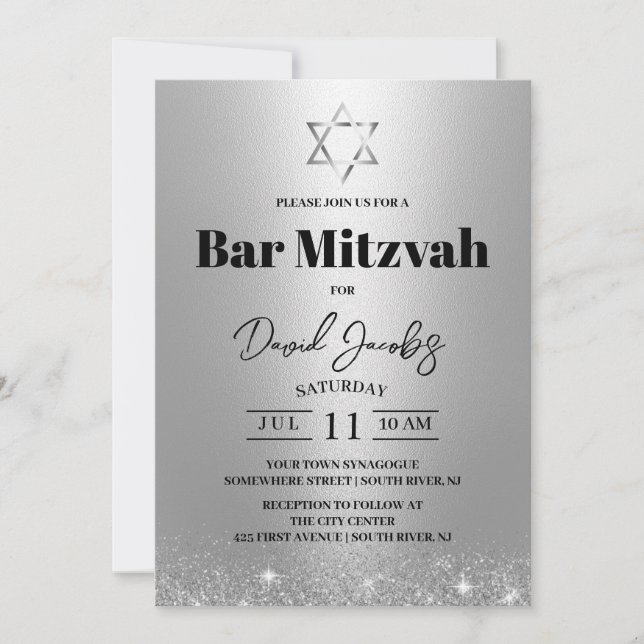 Invitation Bar Mitzvah Étoile de David Juive Moderne en Argen (Devant)