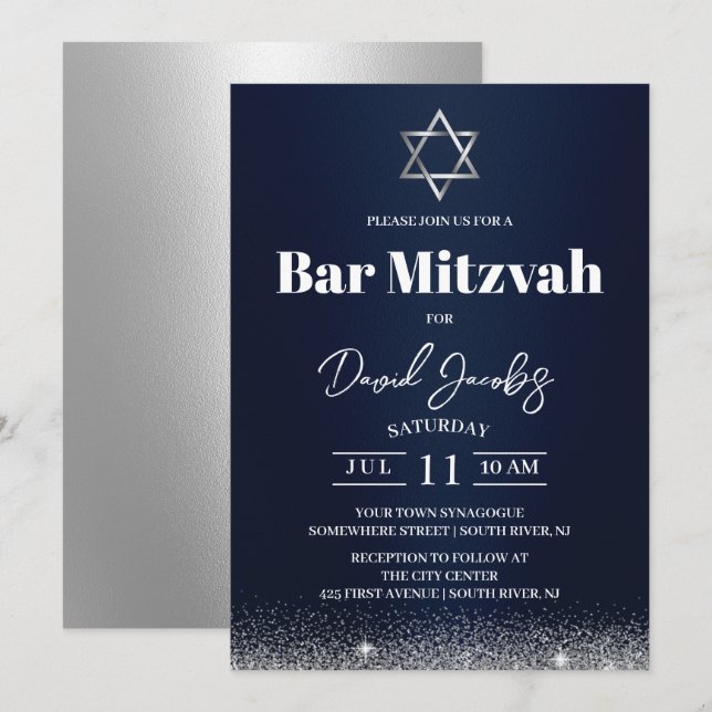 Invitation Bar Mitzvah étoile de David moderne bleu marine ju (Devant / Derrière)