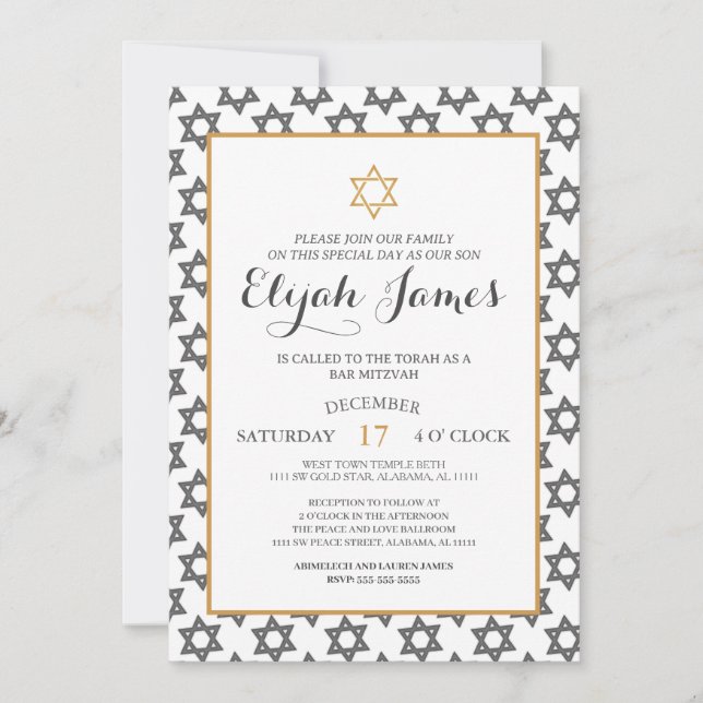 Invitation Bar Mitzvah étoile de David moderne élégant bleu o (Devant)
