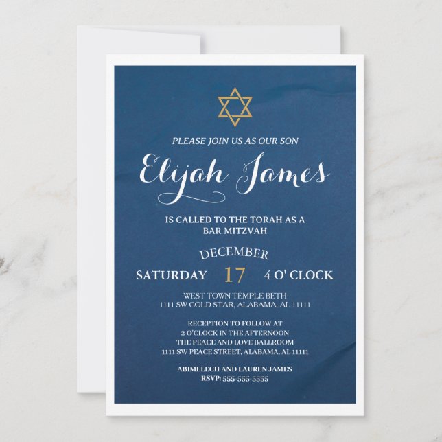 Invitation Bar Mitzvah étoile de David moderne élégant bleu o (Devant)