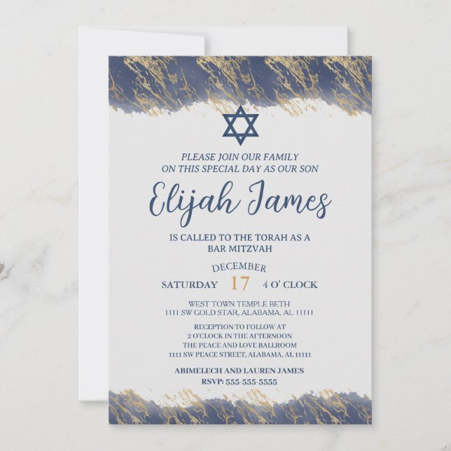 Invitation Bar Mitzvah étoile de David moderne élégant bleu o (Devant)