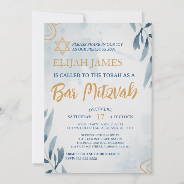 Invitation Bar Mitzvah étoile de David moderne élégant bleu o (Devant)
