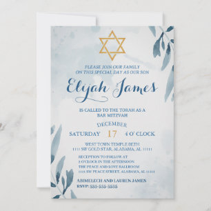 Invitation Bar Mitzvah étoile de David moderne élégant bleu o