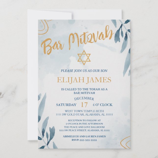 Invitation Bar Mitzvah étoile de David moderne élégant bleu o (Devant)