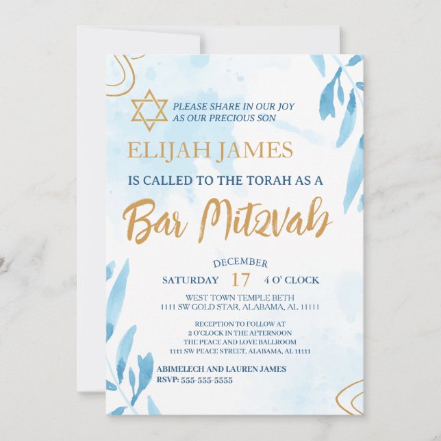 Invitation Bar Mitzvah étoile de David moderne élégant bleu o (Devant)