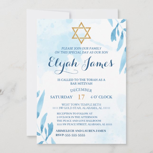 Invitation Bar Mitzvah étoile de David moderne élégant bleu o (Devant)