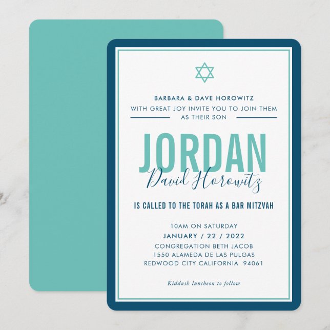 Invitation BAR MITZVAH étoile moderne garçon bleu menthe vert (Devant / Derrière)