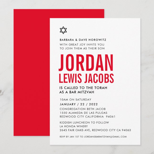 Invitation BAR MITZVAH étoile moderne garçon noir blanc rouge (Devant / Derrière)