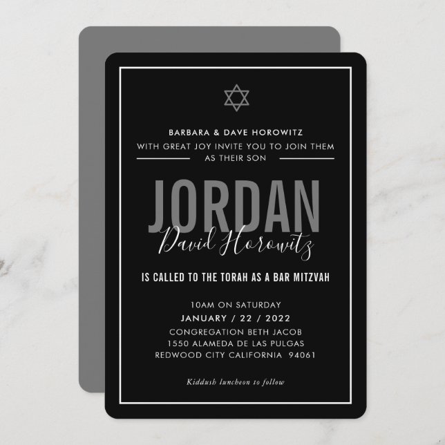 Invitation BAR MITZVAH étoile moderne garçon noir blanc simpl (Devant / Derrière)